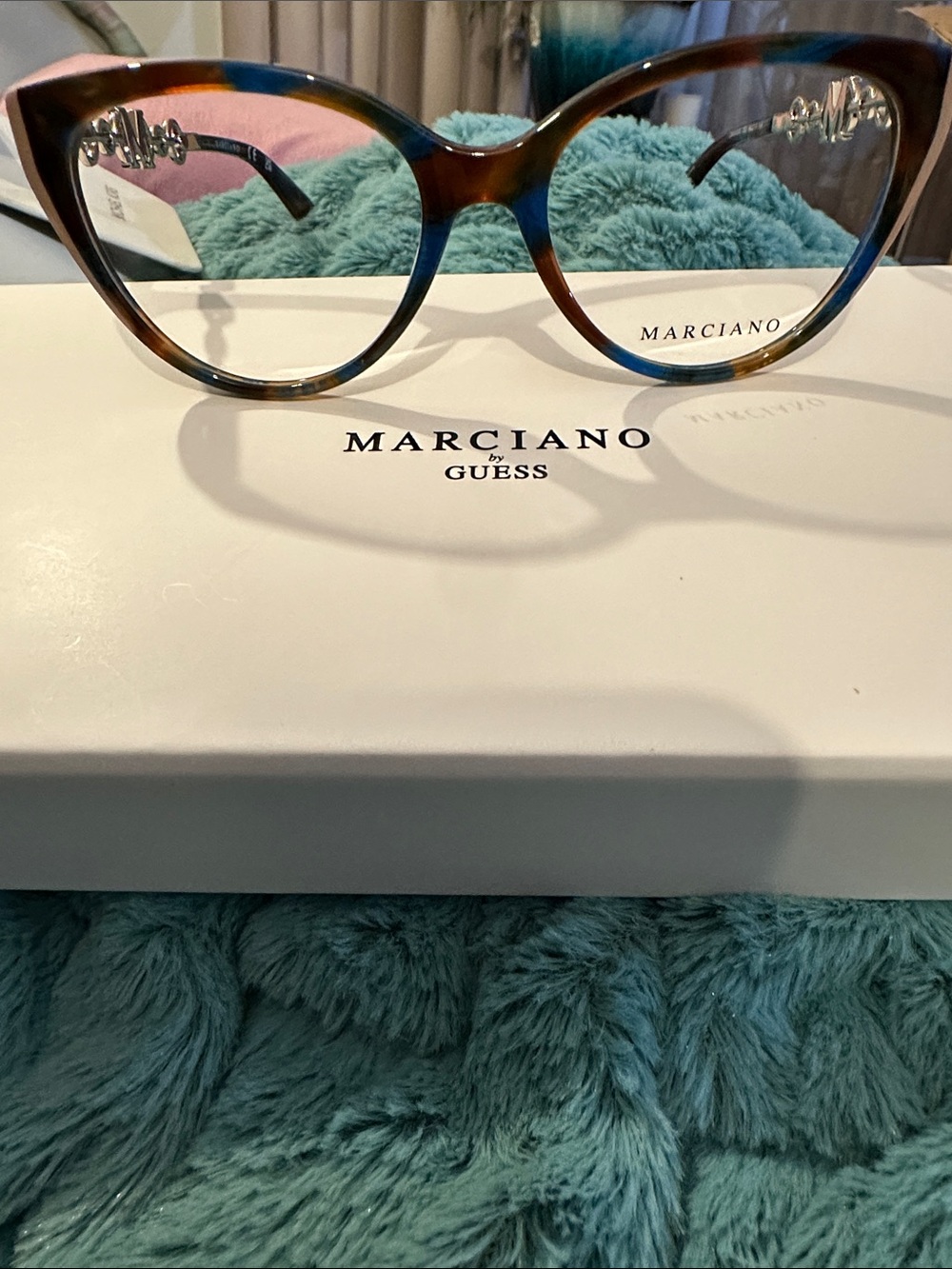 Marciano Cat-Eye Eyeglass Frames in Tortoiseshell with Blue Trim
